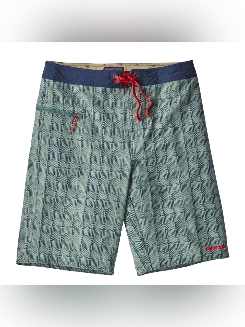 Patagonia Men's Wavefarer Green Patterned Swim Trunks Navy Waistband EUC MSRP 79
